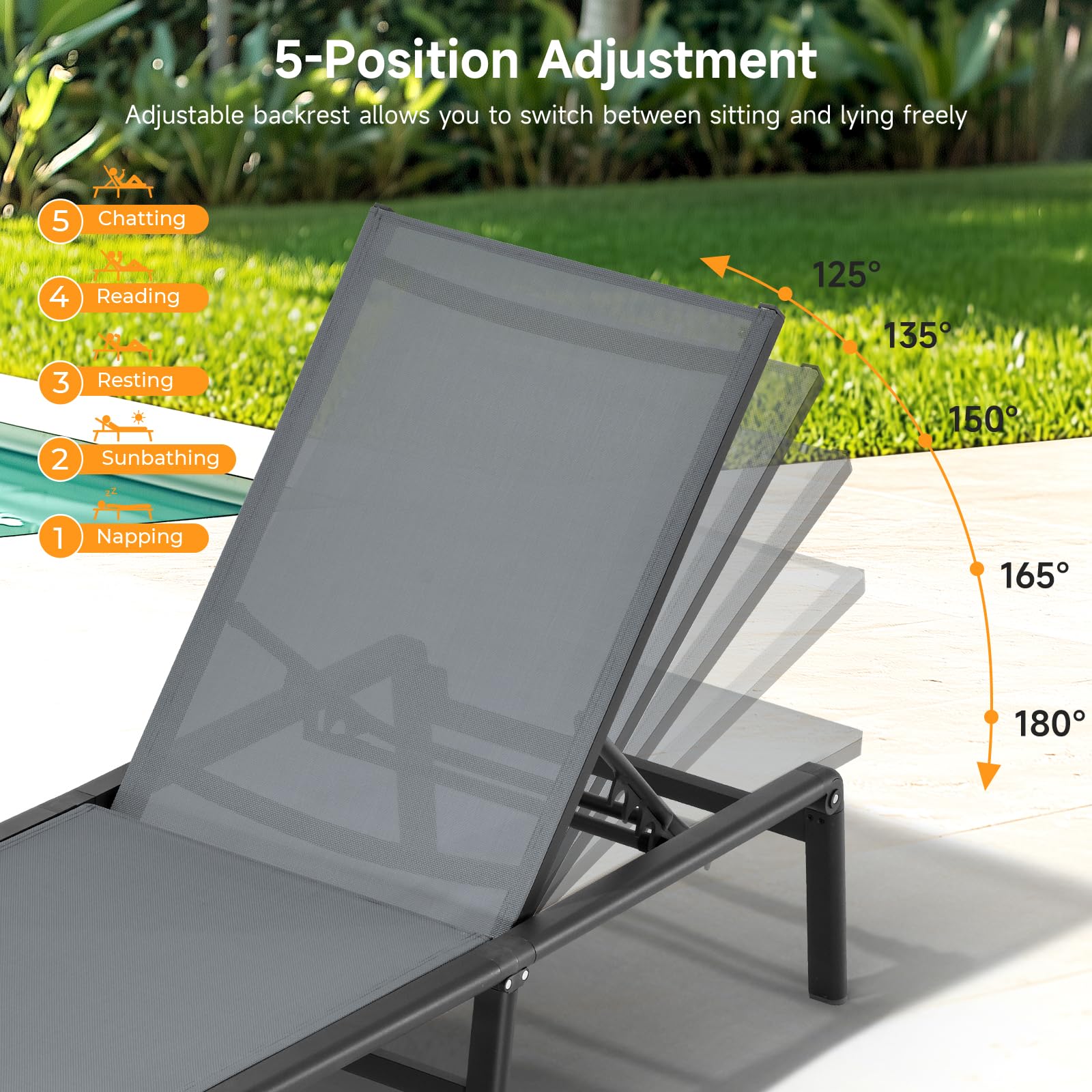 ONBRILL reclining positions display showing five-angle adjustability for comfort