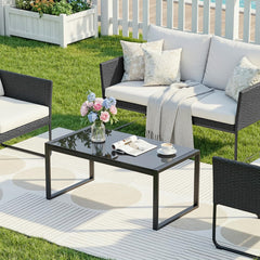 ONBRILL coffee table front view showing sleek black frame and glass top for modern style