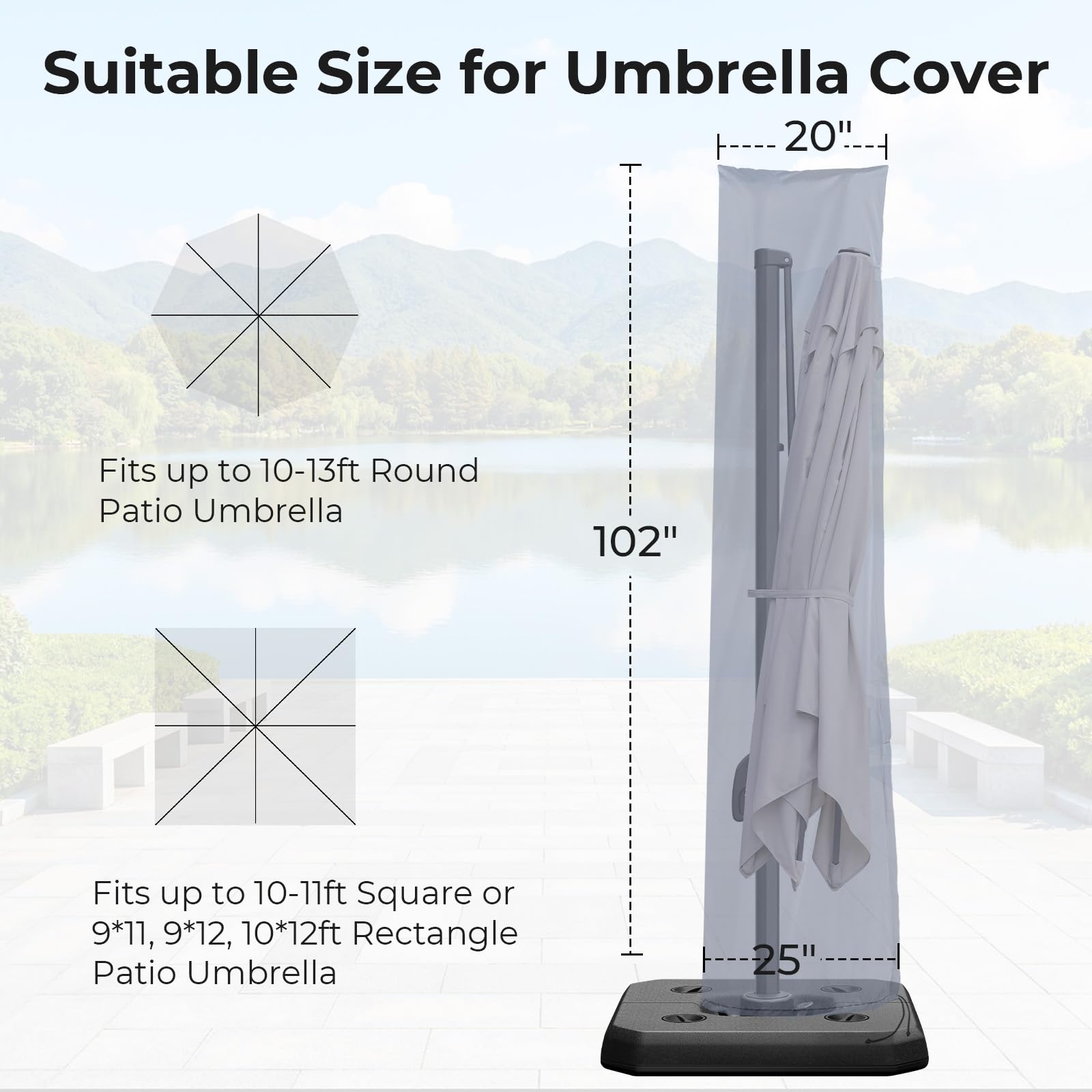 ONBRILL cover next to umbrella to show 102-inch length and size compatibility