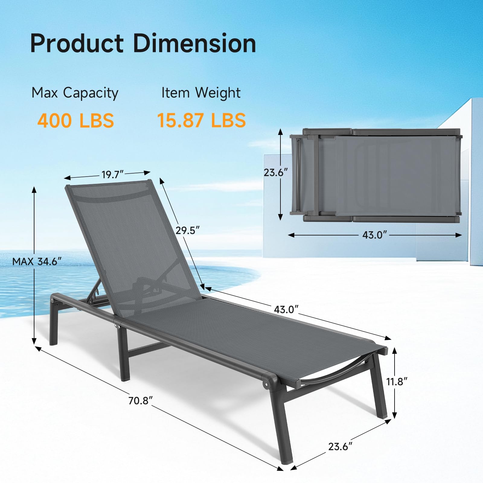 ONBRILL graphic showing chaise supporting 400 pounds for reliable strength