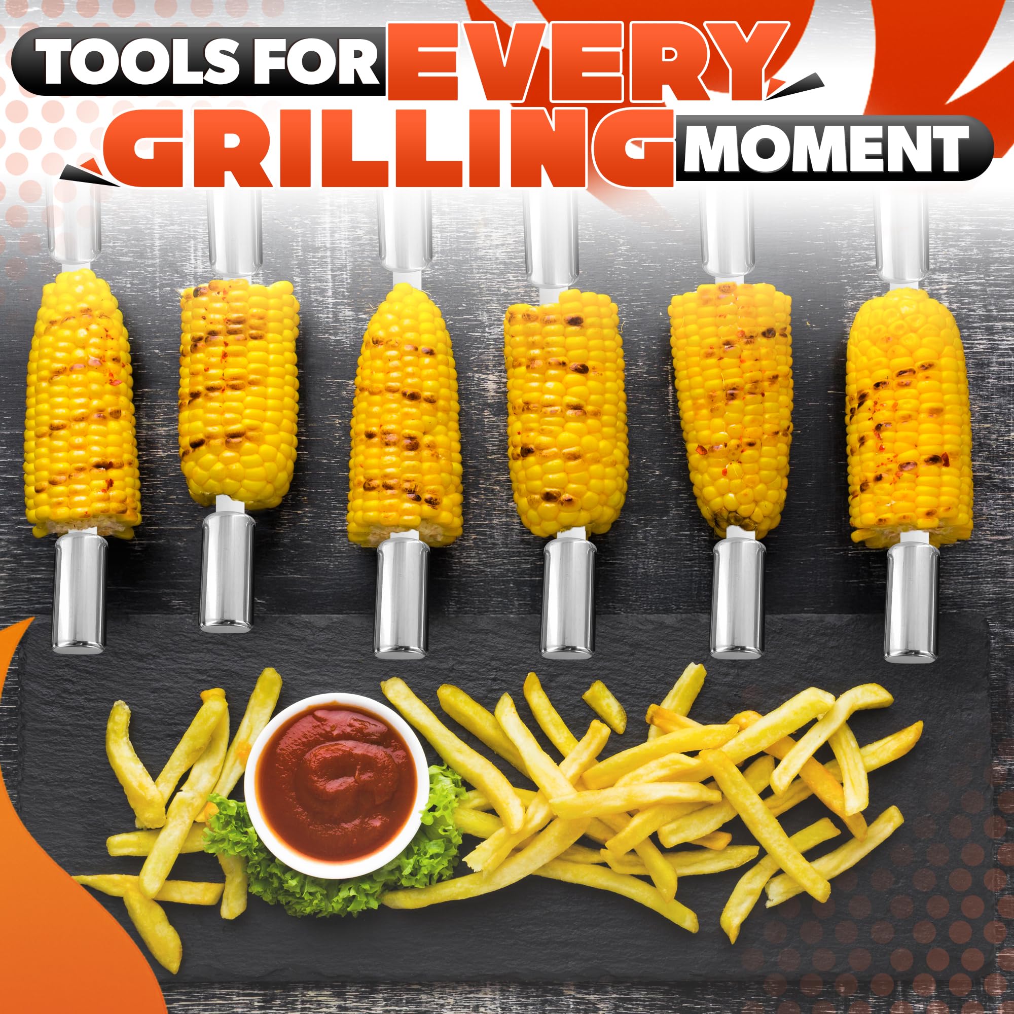 One Sight skewers and corn holders display, versatile serving and grilling ease