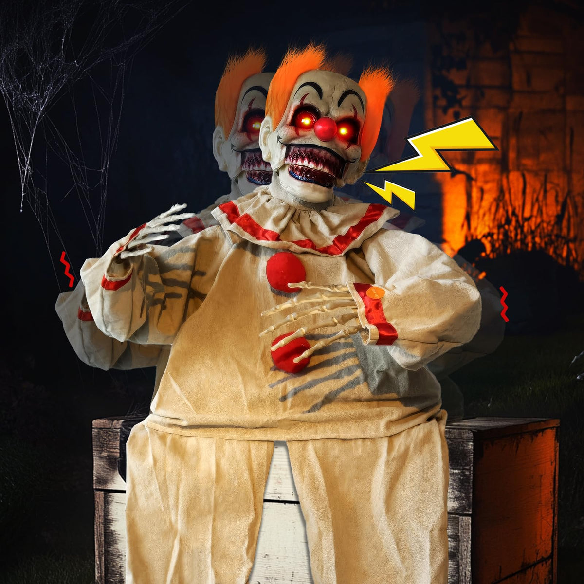 ONEANU clown front view showing full prop and eerie pose for impact