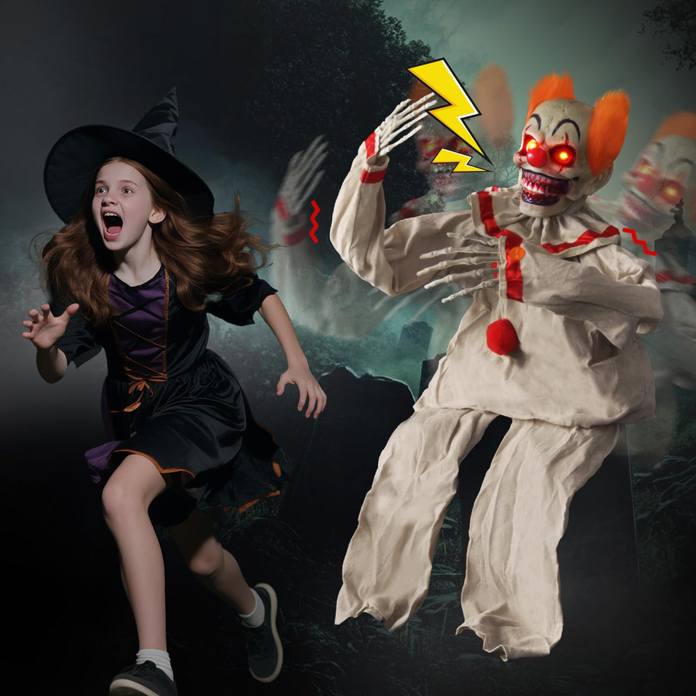 ONEANU clown staged on porch demonstrating spooky entrance decoration