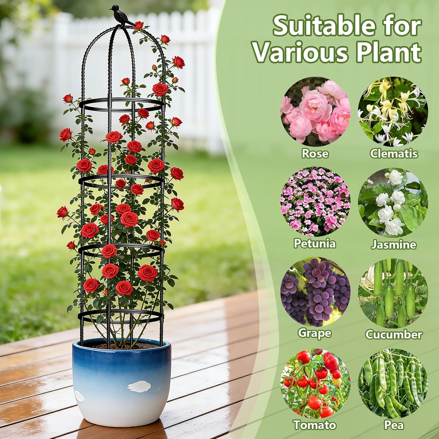 ONEANU obelisk trellis assembled in garden bed showing stable plant anchoring benefit