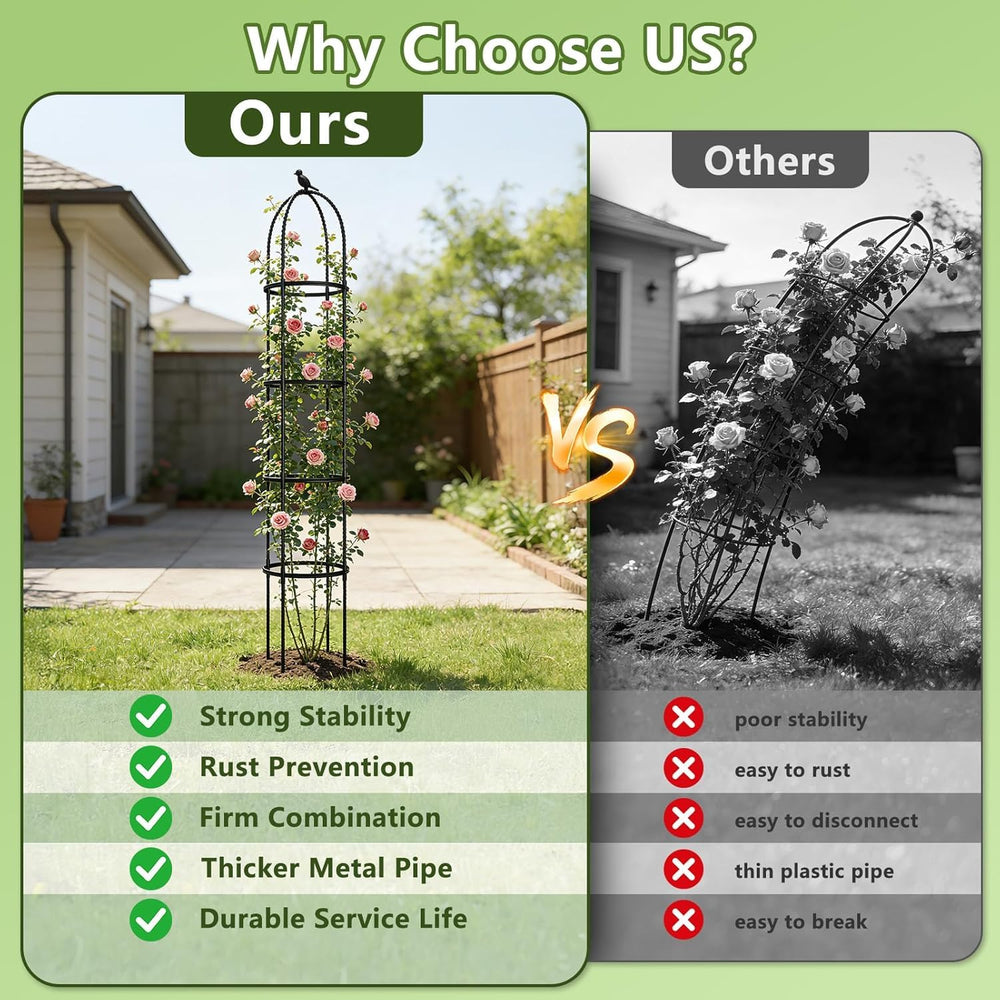 ONEANU obelisk trellis placed in pot with climbing roses showing tidy vertical support