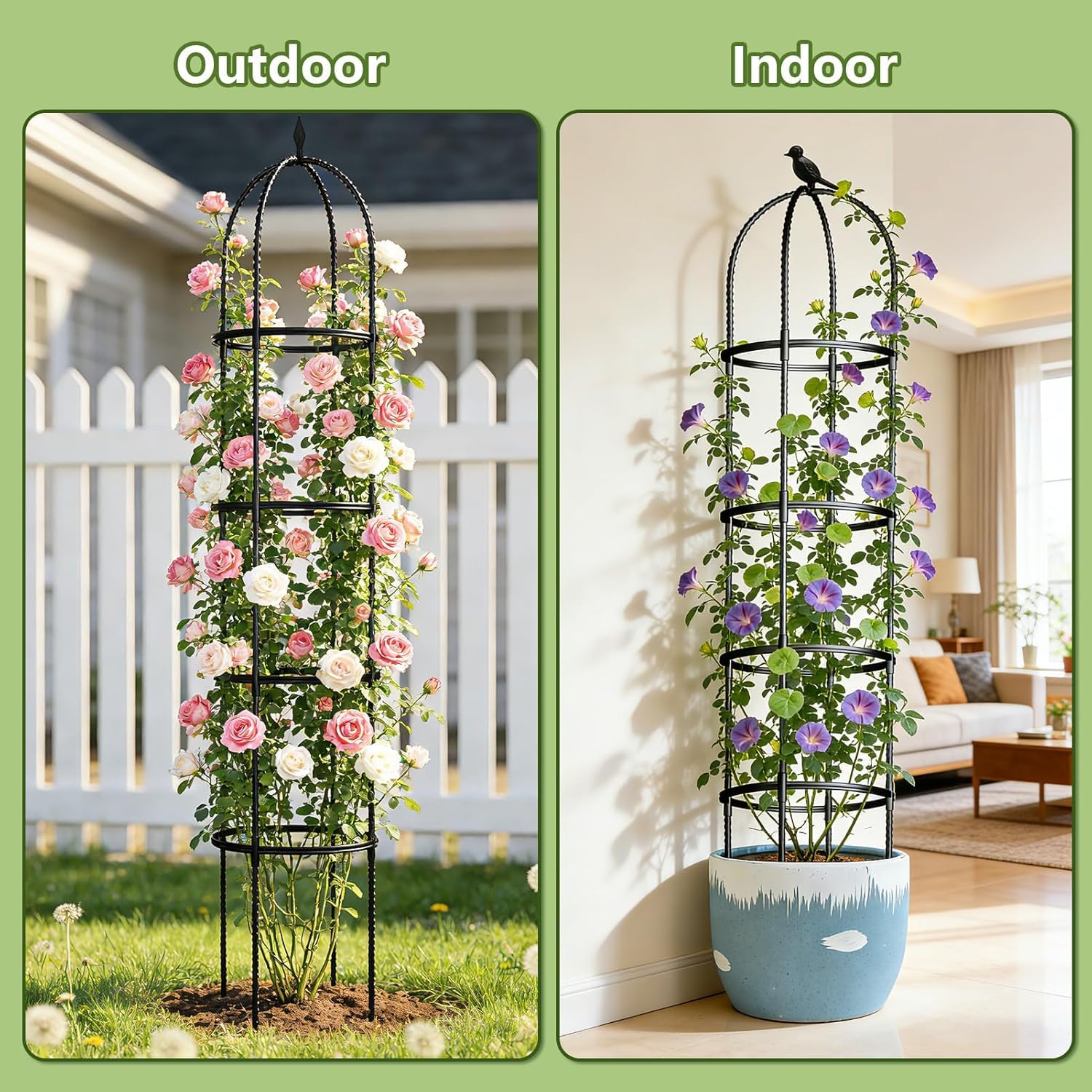 ONEANU obelisk trellis in patio lifestyle scene showing attractive functional décor benefit