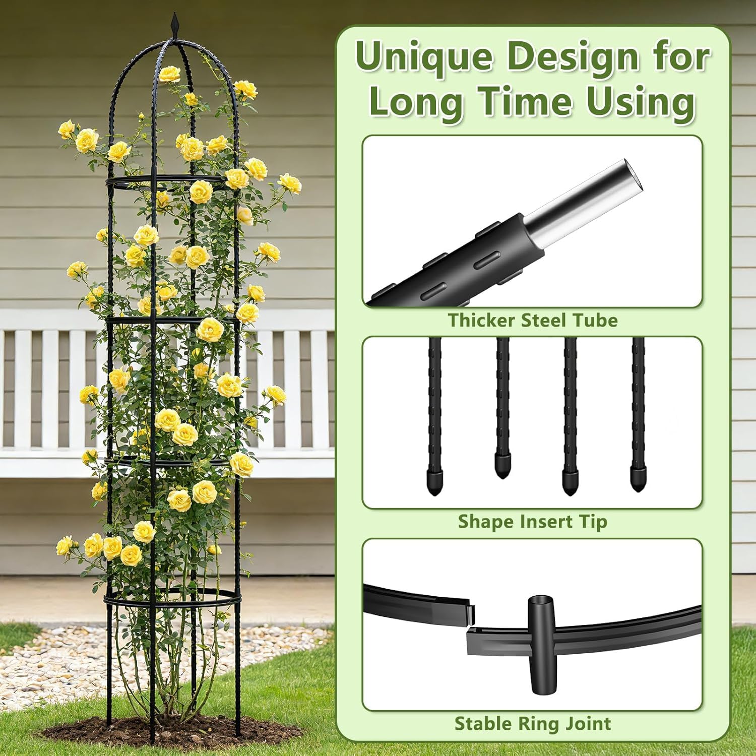 ONEANU obelisk trellis beside measuring ruler showing exact height and scale advantage