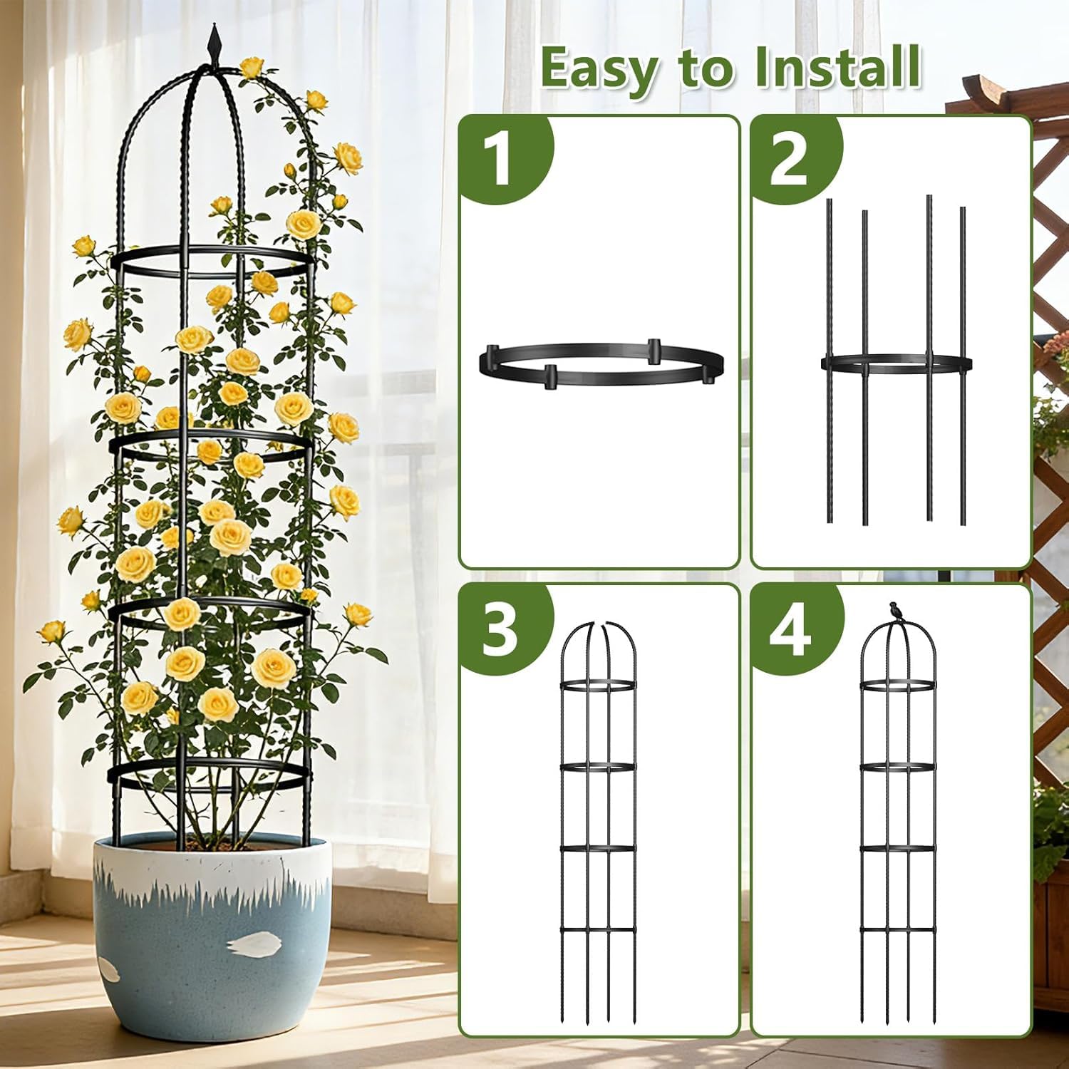 ONEANU obelisk trellis supporting tomato vines showing organized crop growth benefit