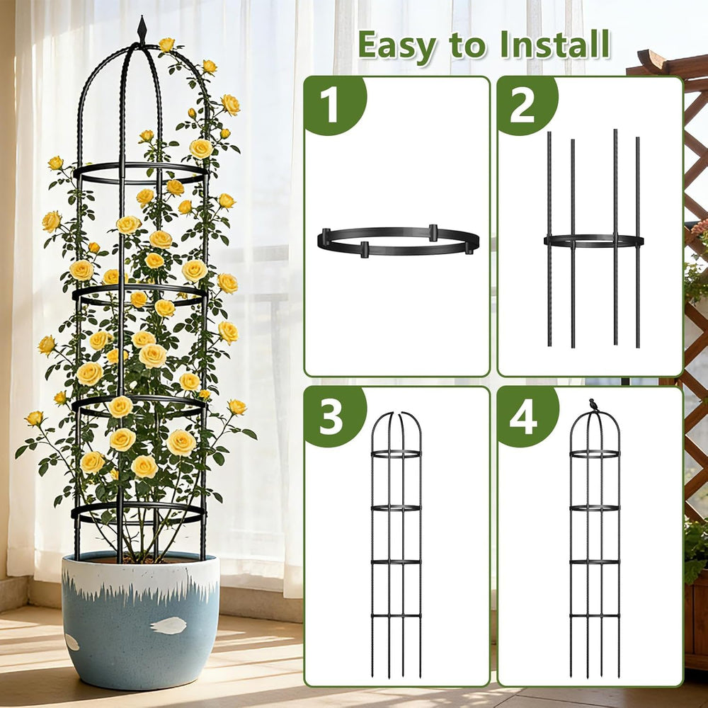 ONEANU obelisk trellis supporting tomato vines showing organized crop growth benefit
