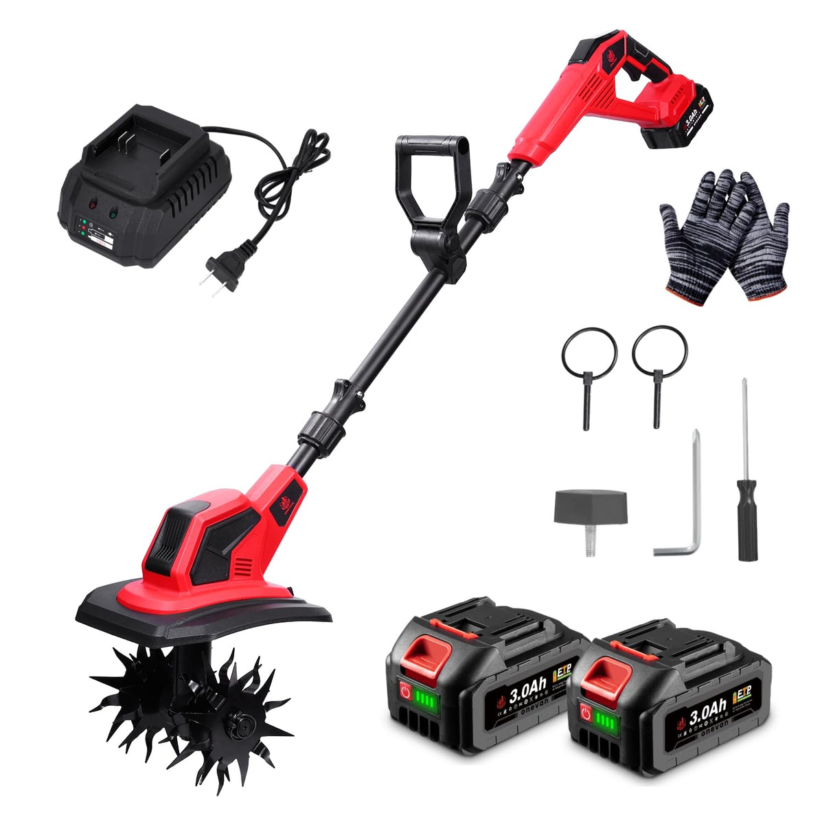 ONEVAN front view showing batteries and cultivator ready to use, fast setup benefit
