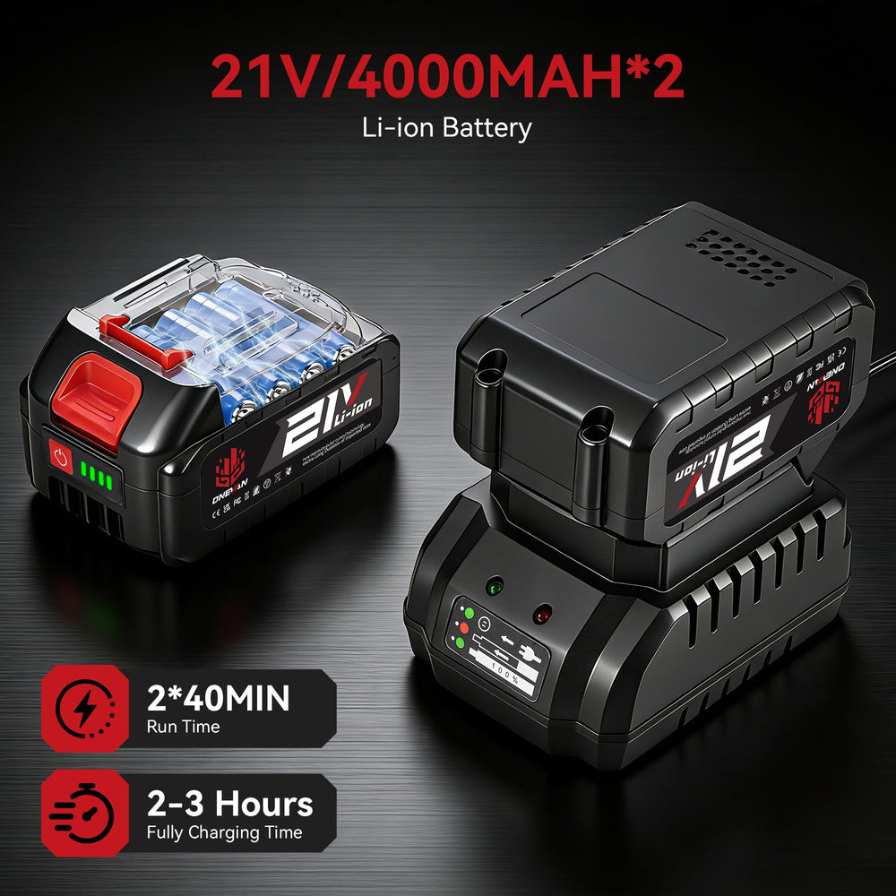 ONEVAN batteries and fast charger displayed for long runtime and quick recharge
