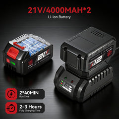 ONEVAN batteries and fast charger displayed for long runtime and quick recharge