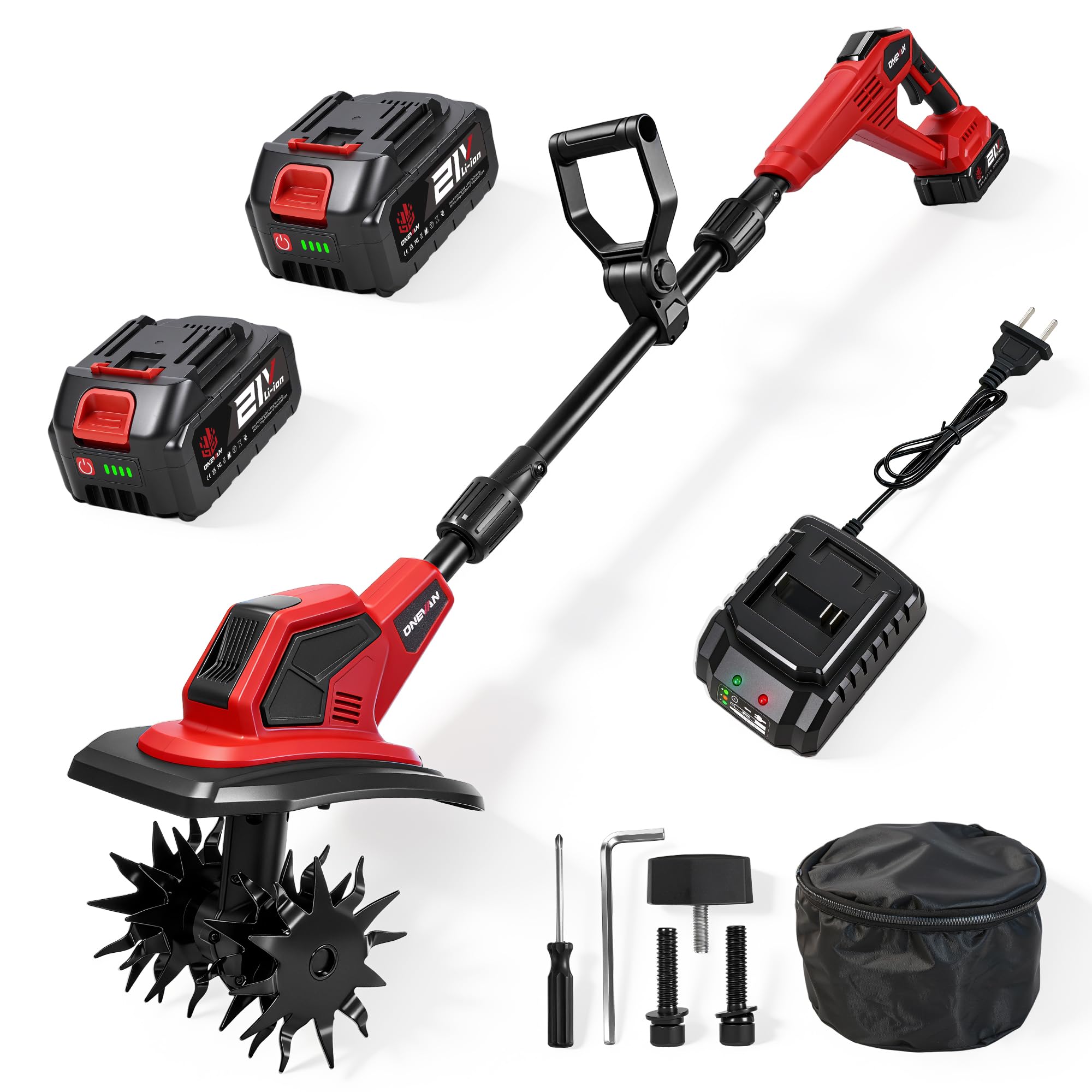 ONEVAN tiller front view showing compact design and portability for convenience