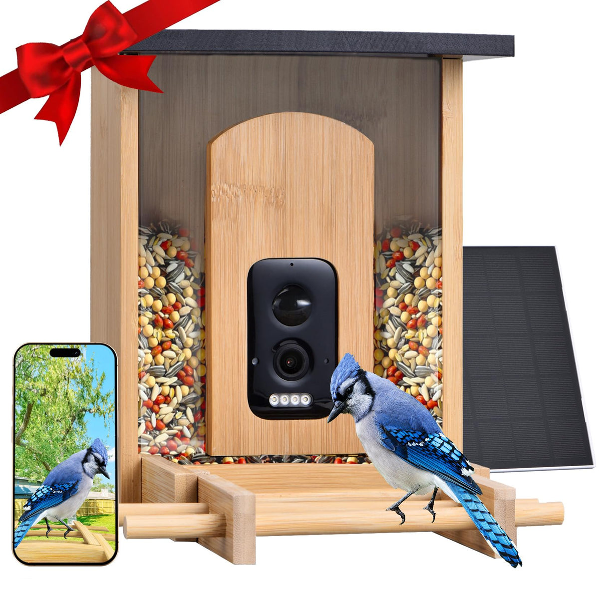 Onhear bamboo feeder front view showing elegant design and durable outdoor benefit