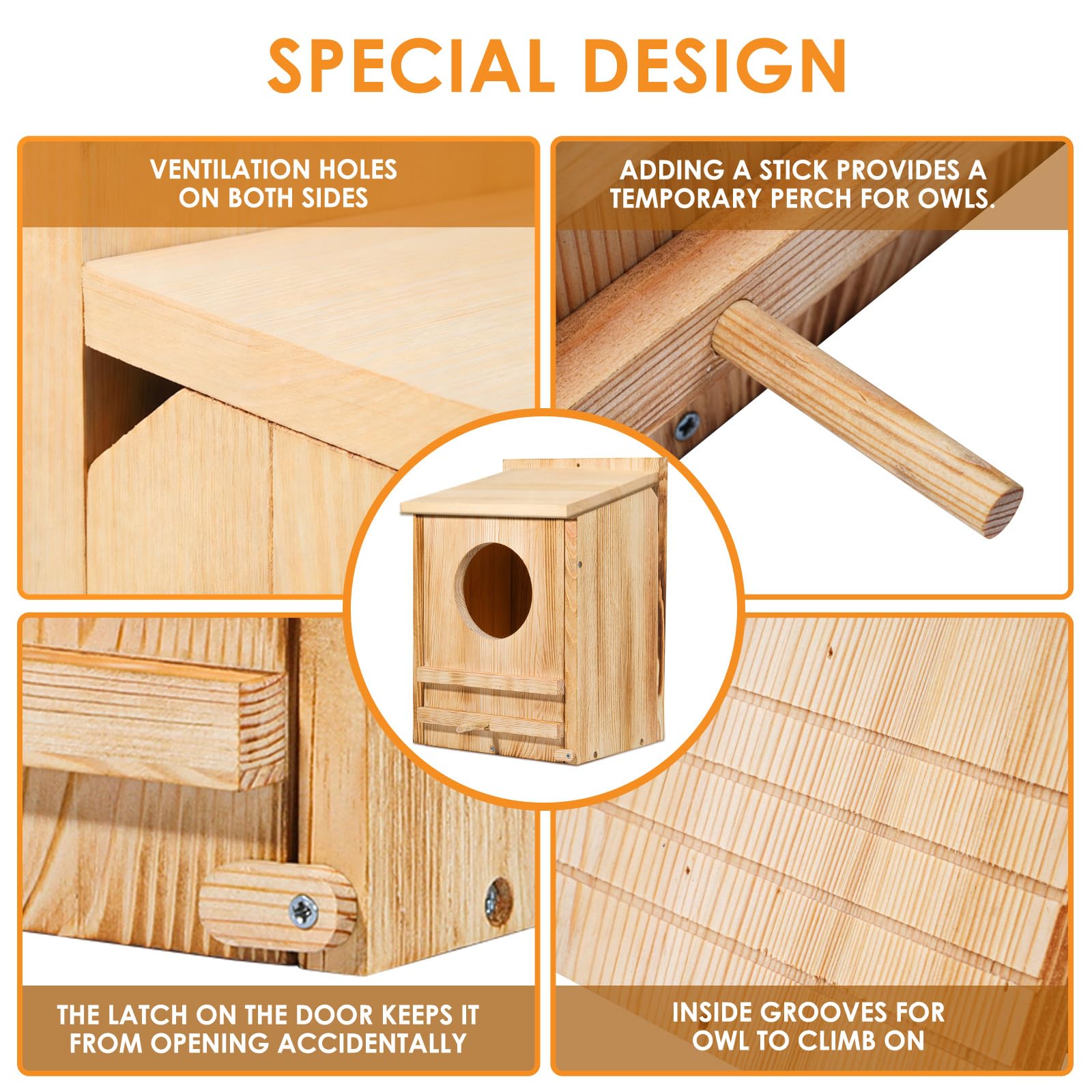 ONKO owl house entrance hole detail offering easy owl access benefit