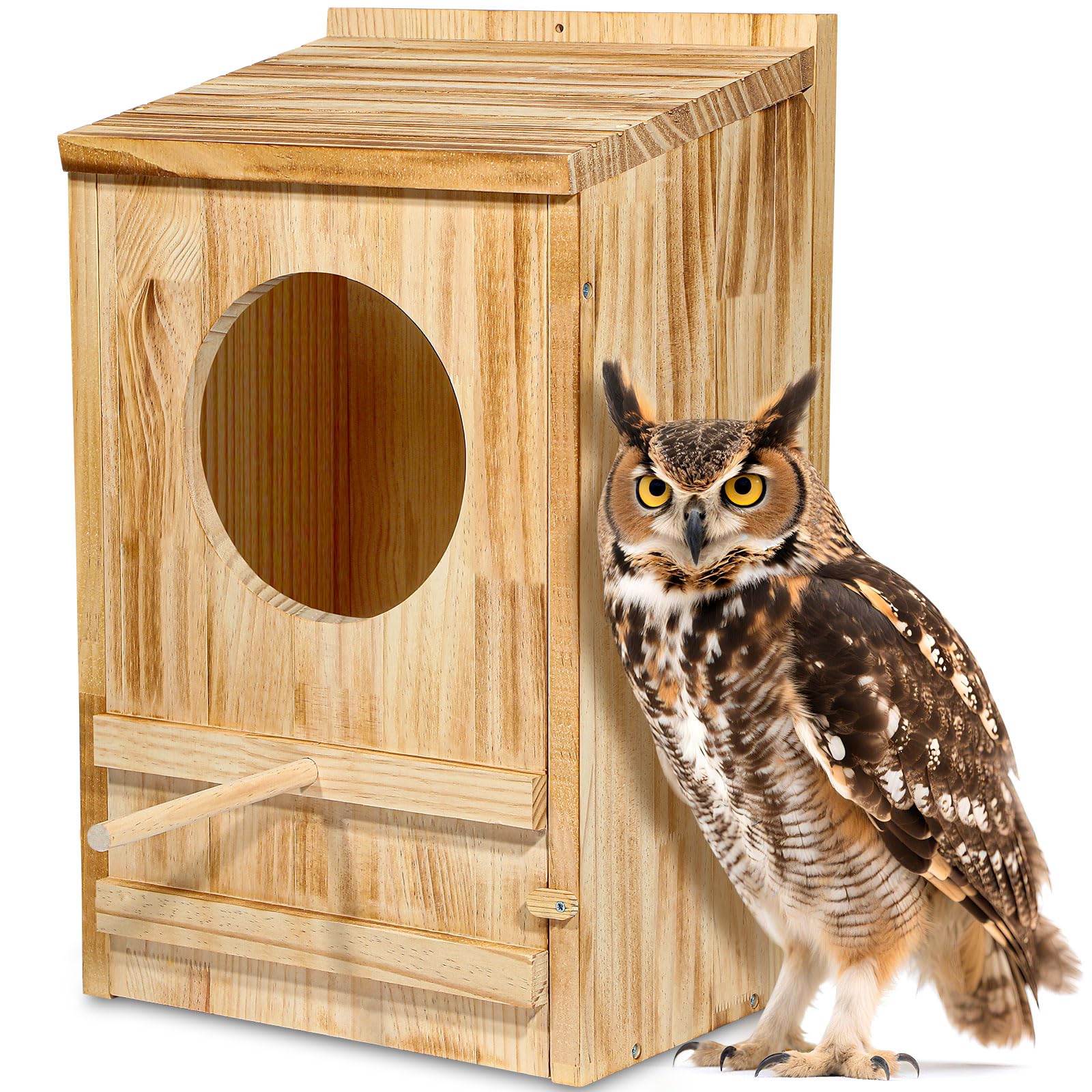 ONKO owl house front view showing entrance and sturdy shelter benefit