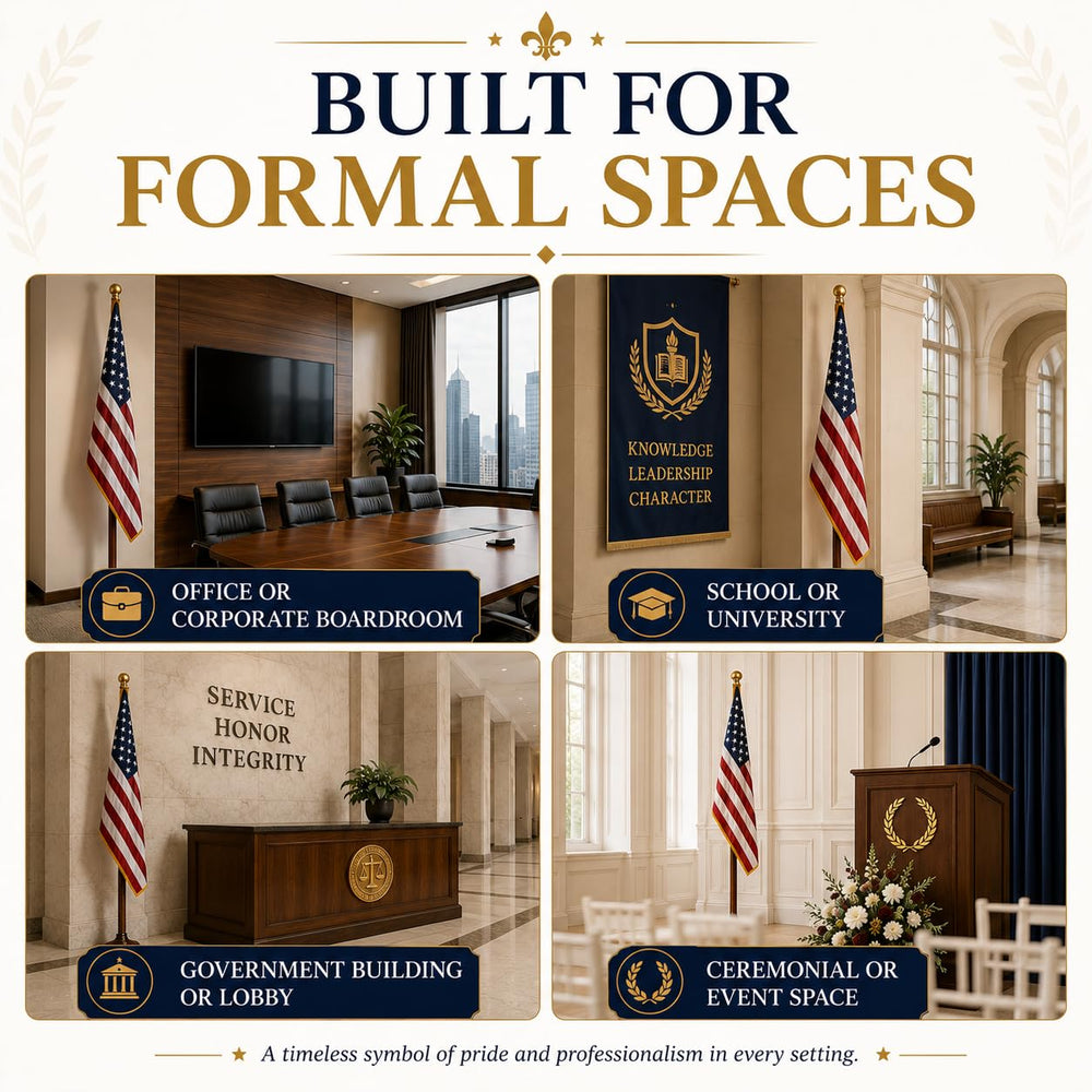Online Stores flagpole displayed with flag in lobby showing professional ceremonial appeal