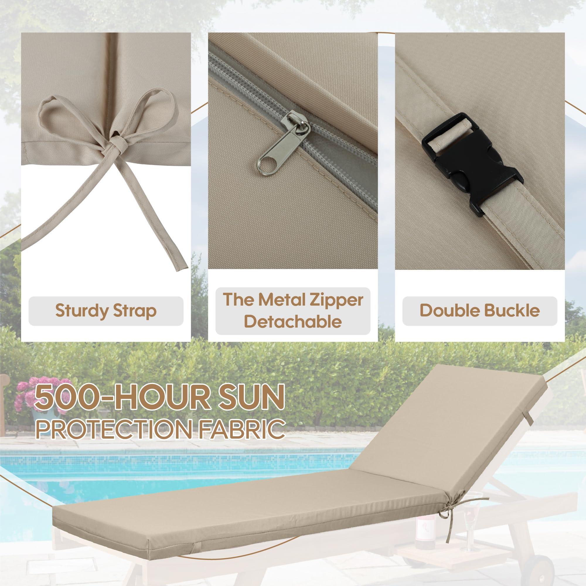 Only choice cushion placed on an outdoor chaise, demonstrates secure fit and improved lounging comfort