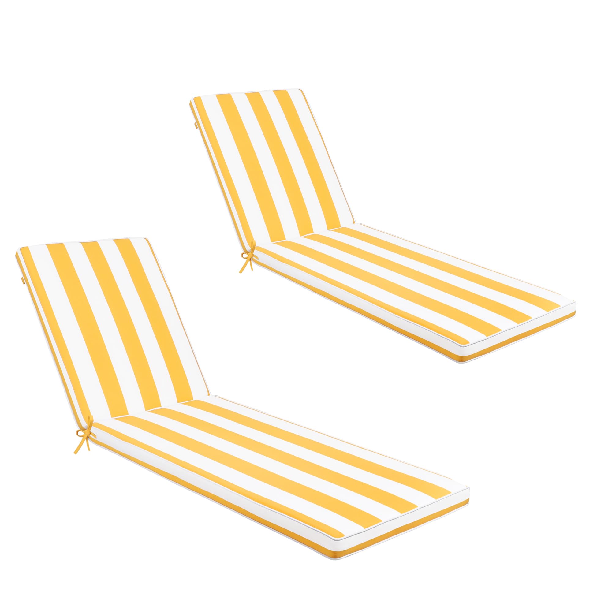 Only choice front view of yellow white striped chaise cushions showing inviting pattern