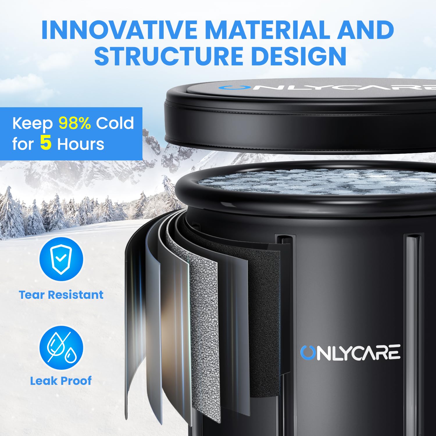 ONLYCARE insulated cover in place keeping water cold longer and protecting tub between sessions