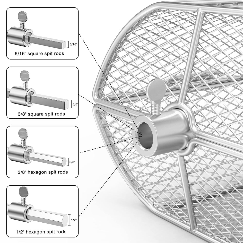 onlyfire basket mounted on a spit rod, demonstrating universal fit and stable rotation