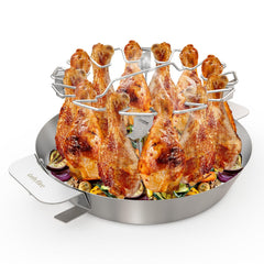 Onlyfire Chef front view showing rack loaded with 12 drumsticks for easy grilling
