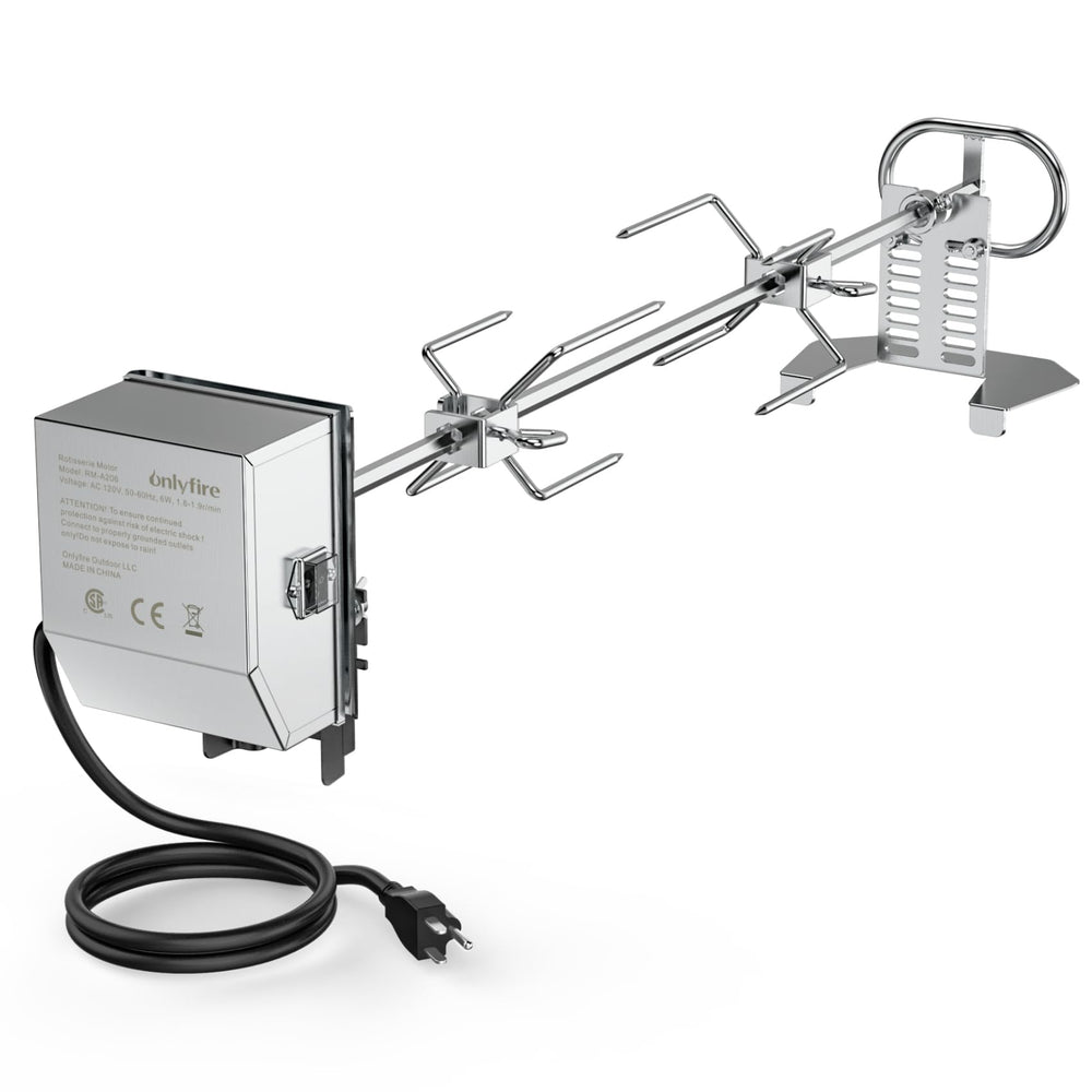 onlyfire front packaging showing complete rotisserie kit and components for easy setup