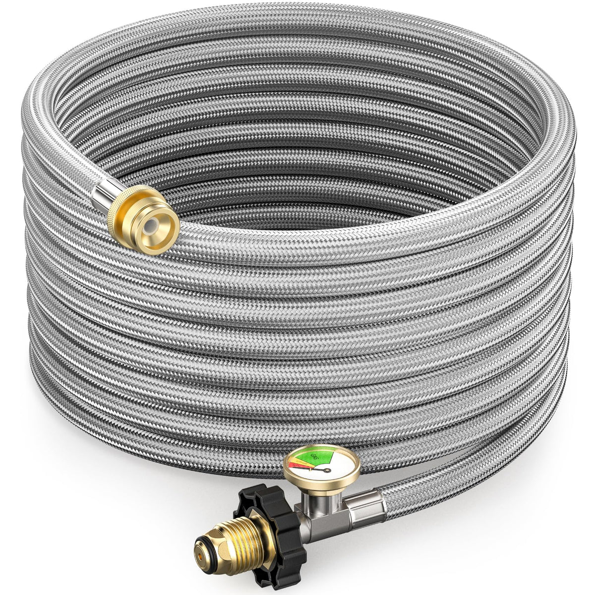 onlyfire front view of 15ft stainless braided propane adapter hose showing connectors and gauge for safer connections