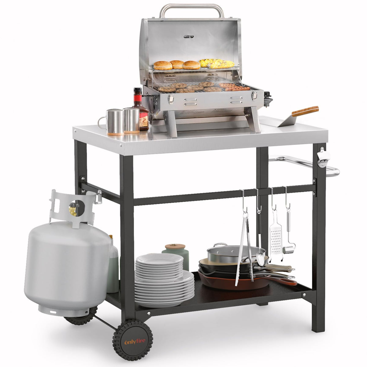 onlyfire front view of stainless steel cart showing sturdy support and workspace