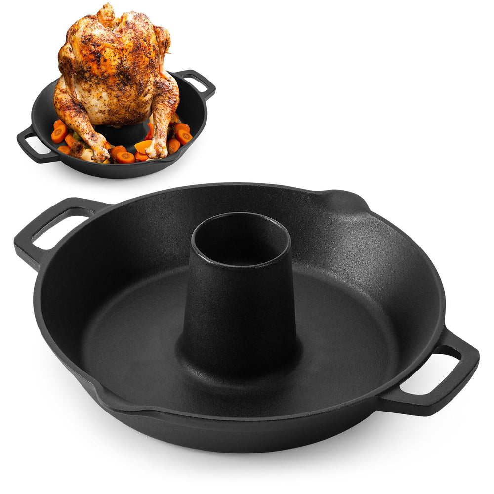 Onlyfire front view of cast iron roaster showing sturdy design and even cooking benefit