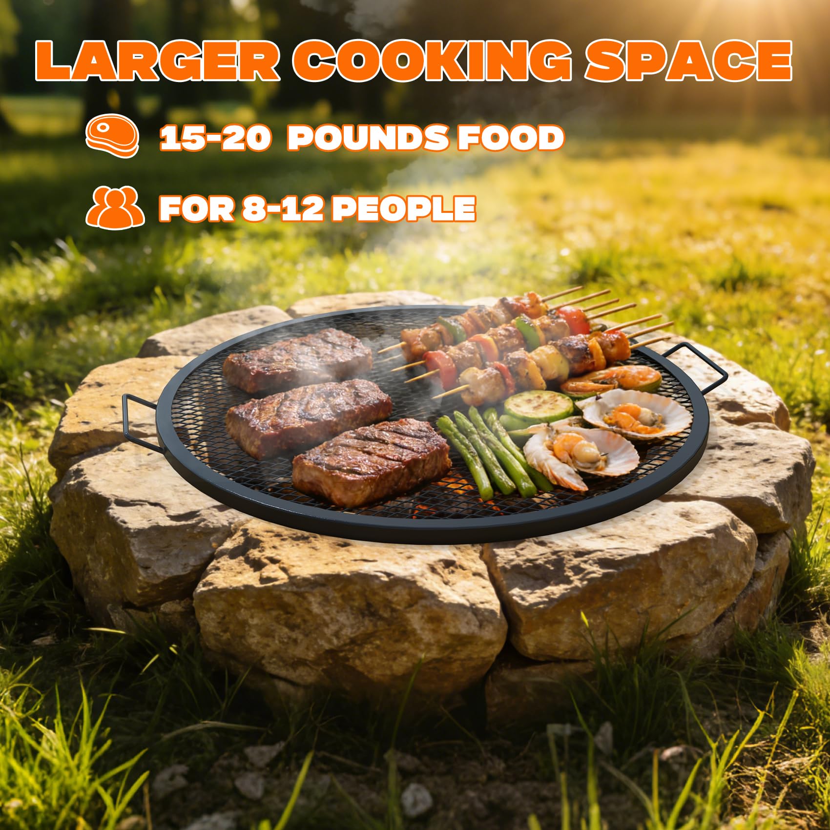 onlyfire round grate placed over a fire pit demonstrating practical campfire cooking