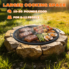 onlyfire round grate placed over a fire pit demonstrating practical campfire cooking
