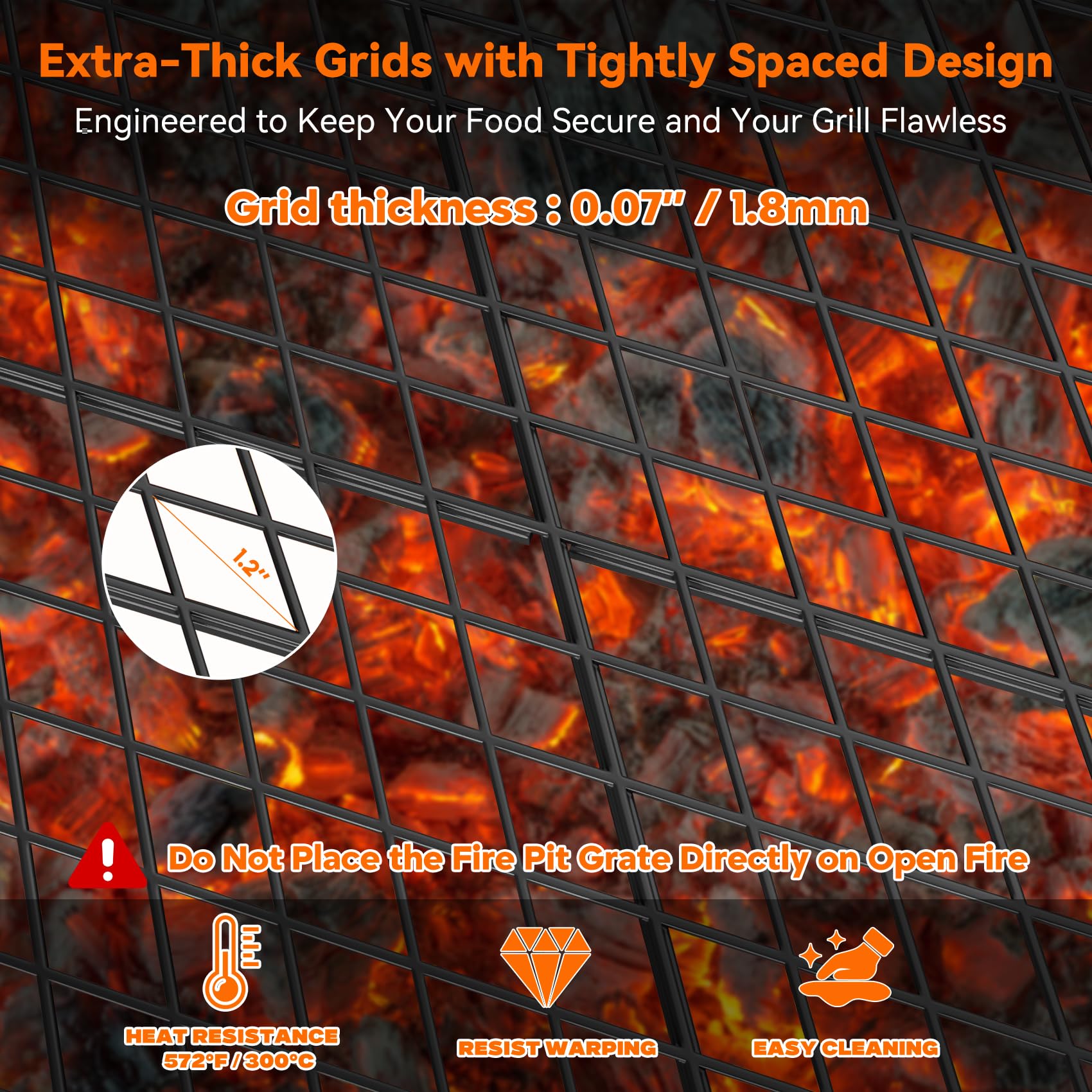 onlyfire rectangular grate positioned over hot charcoal for stable outdoor cooking
