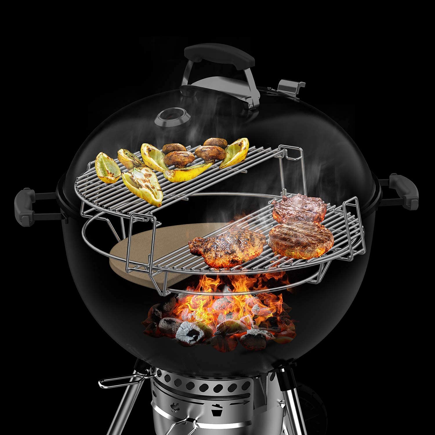 onlyfire grates with food cooking demonstrating simultaneous searing and low-heat zones
