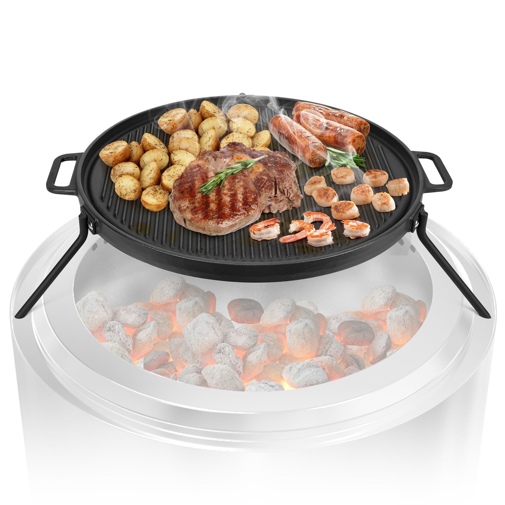 Onlyfire griddle front view showing full cast iron cooking surface and handle, durable outdoor cooking