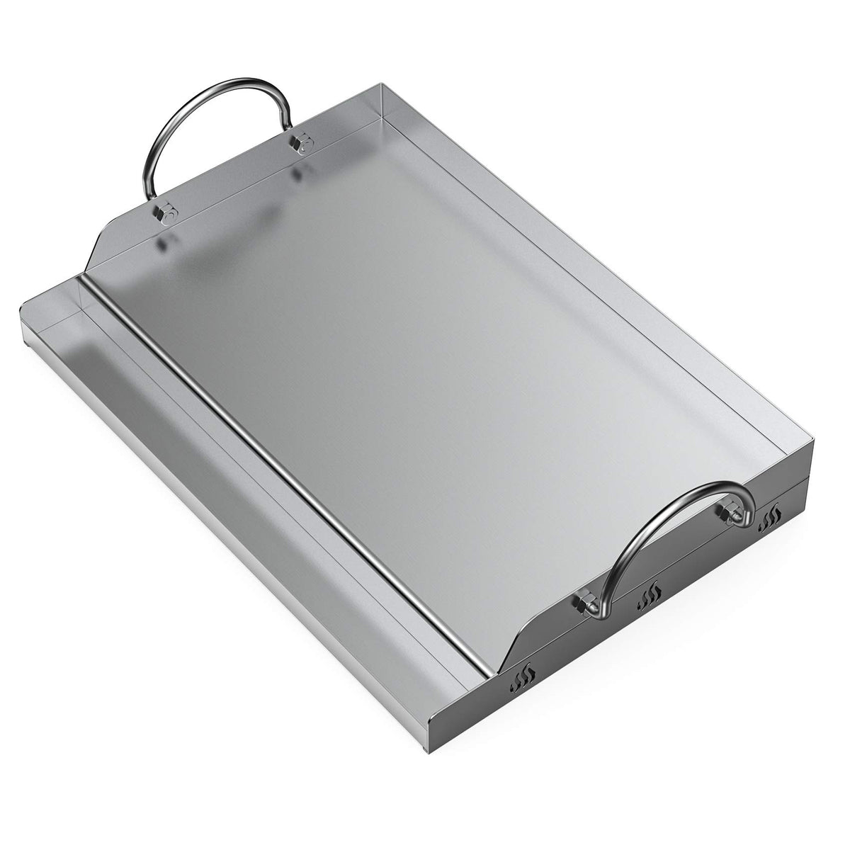 onlyfire front view of stainless steel griddle showing full cooking area and benefits