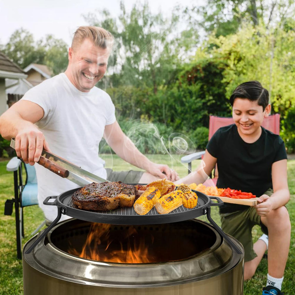 Onlyfire griddle cooking pancakes over fire pit illustrating even browning and breakfast preparation