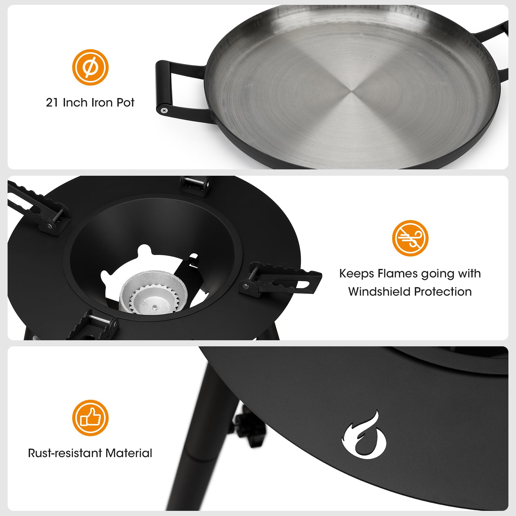 ONLYFIRE GRILLS burner close-up with wind guard showing steady-flame benefit