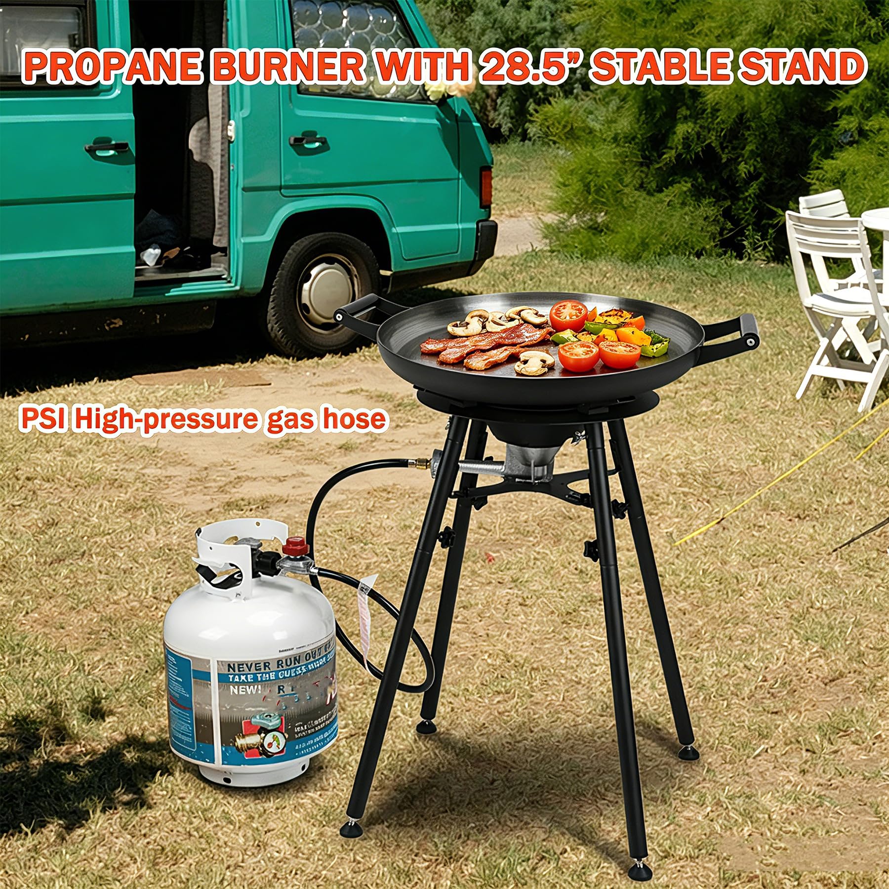 ONLYFIRE GRILLS next to a chair showing scale and comfortable cooking height benefit
