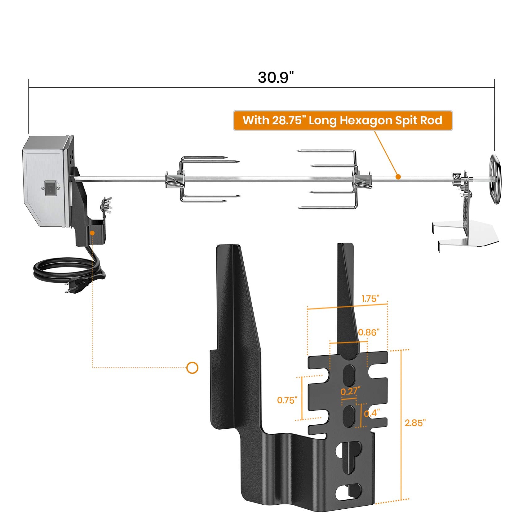 onlyfire close-up of 28-inch hexagon spit rod showing secure meat grip and durability