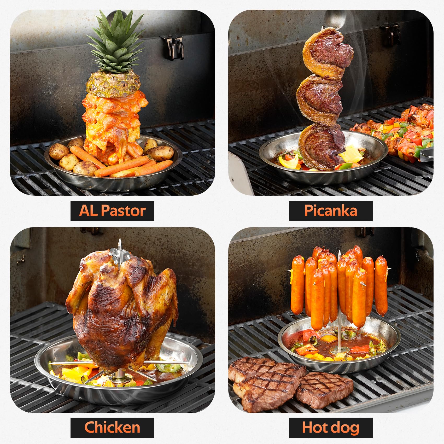 onlyfire vertical skewer installed in a grill demonstrating even roasting and space savings benefit