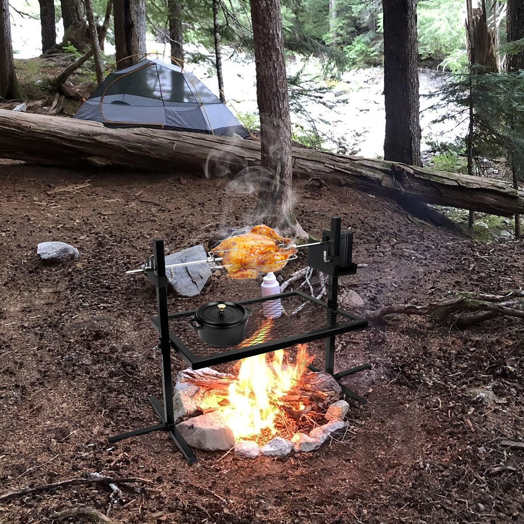 onlyfire rotisserie in use with chicken over flames showing even browning
