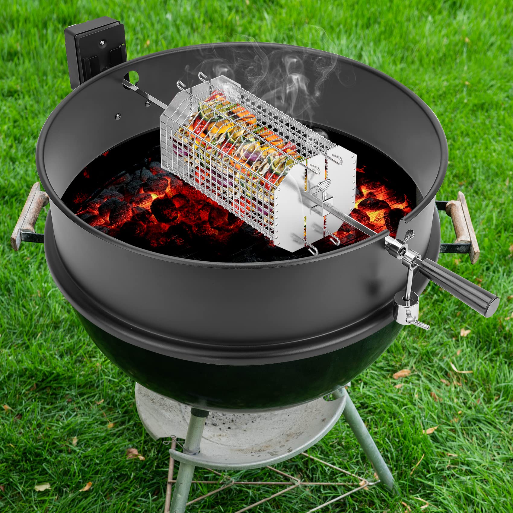 onlyfire basket installed on charcoal grill showing reliable hands-off rotisserie cooking