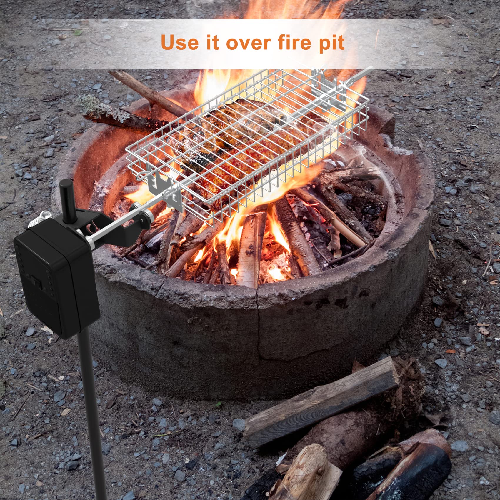 onlyfire rotisserie mounted over campfire demonstrating hands-free roasting