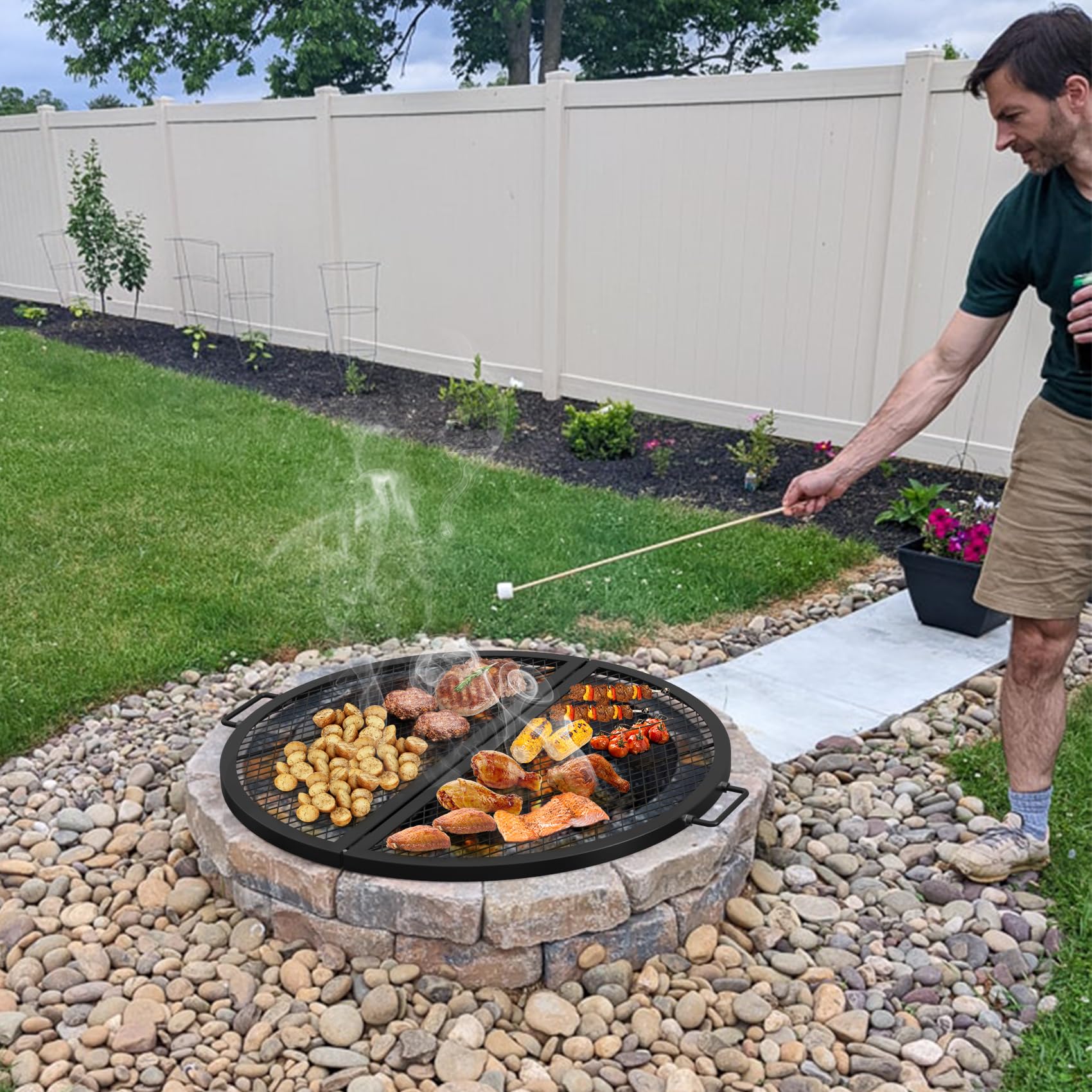 onlyfire grate placed over a fire pit in use illustrating even heat distribution and versatile outdoor cooking