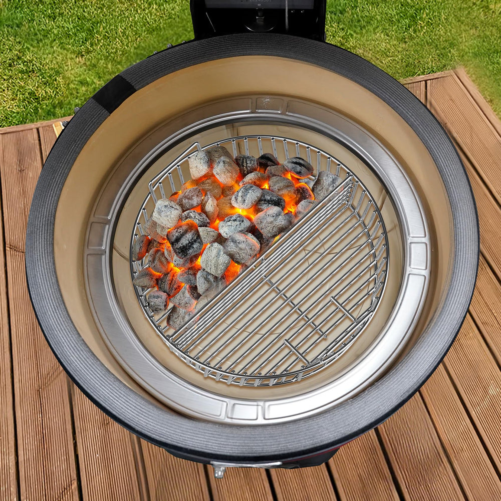 onlyfire in-use with glowing coals on one side demonstrating direct searing benefit