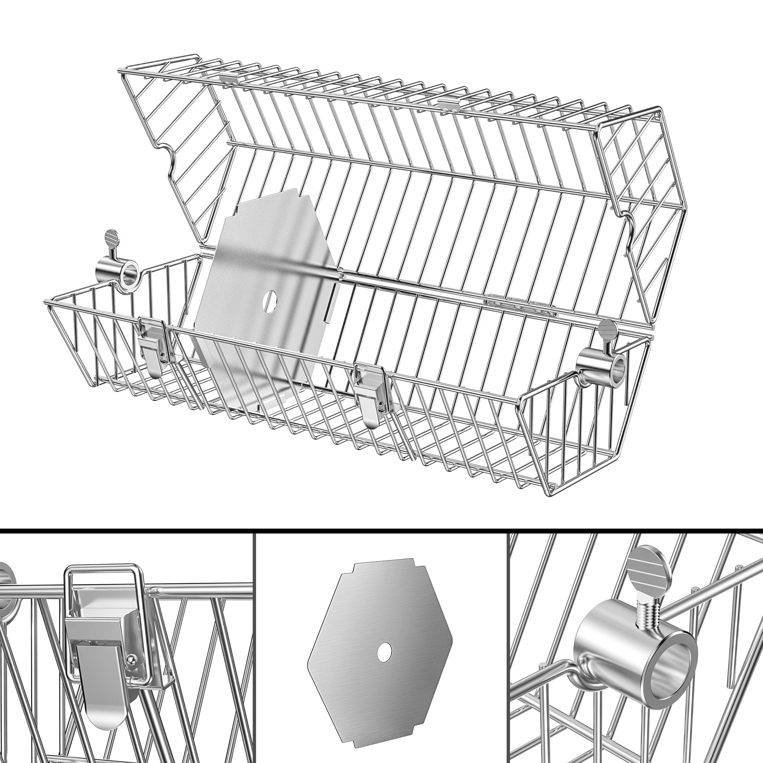 onlyfire basket mounted on spit rod illustrating secure attachment and even rotation