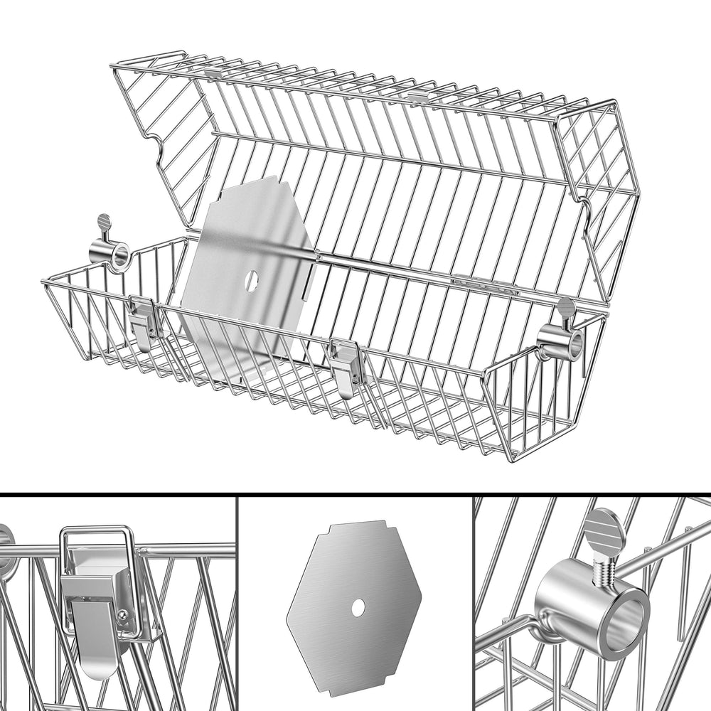 onlyfire basket mounted on spit rod illustrating secure attachment and even rotation