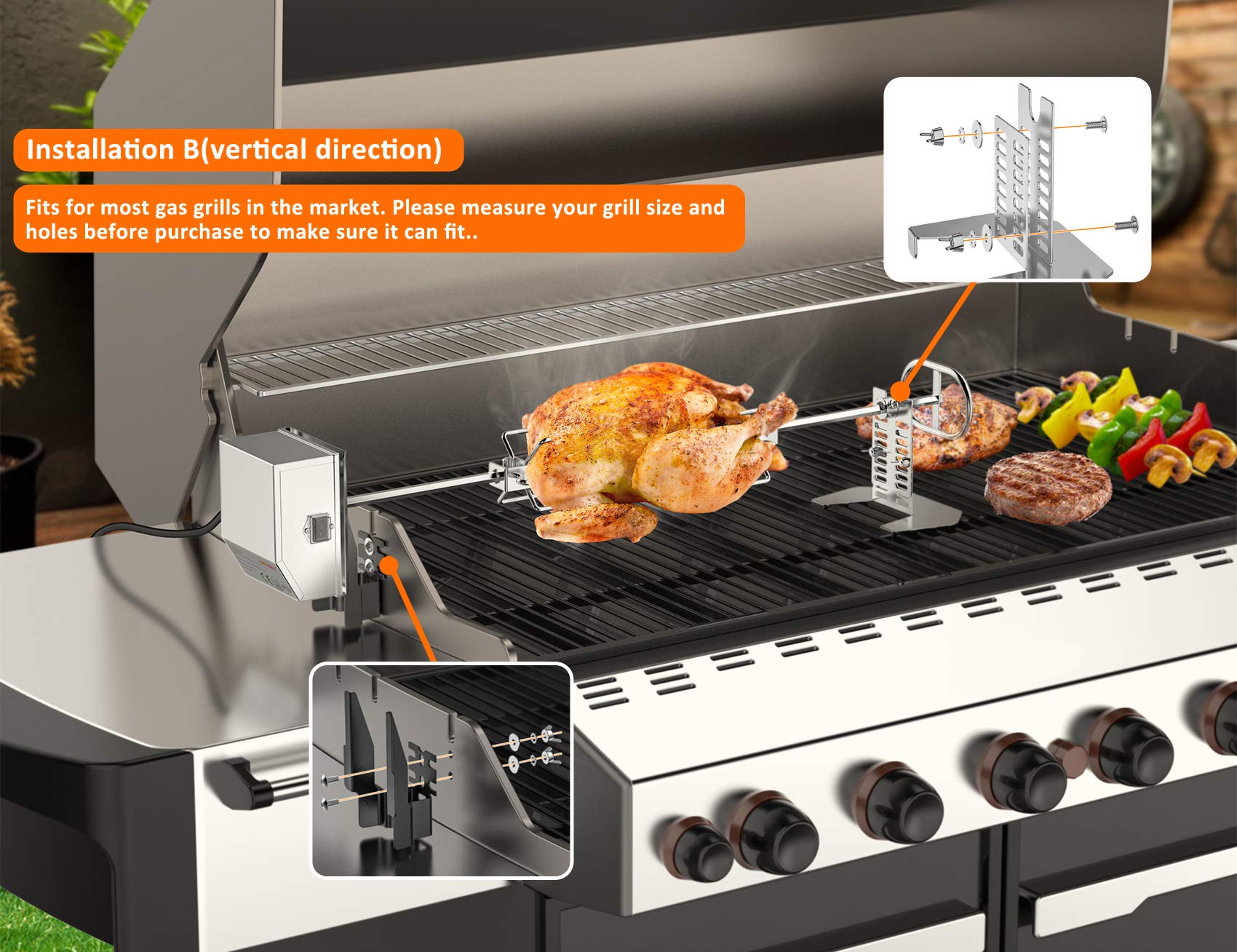 onlyfire motor bracket and support mounted on a gas grill illustrating installation fit
