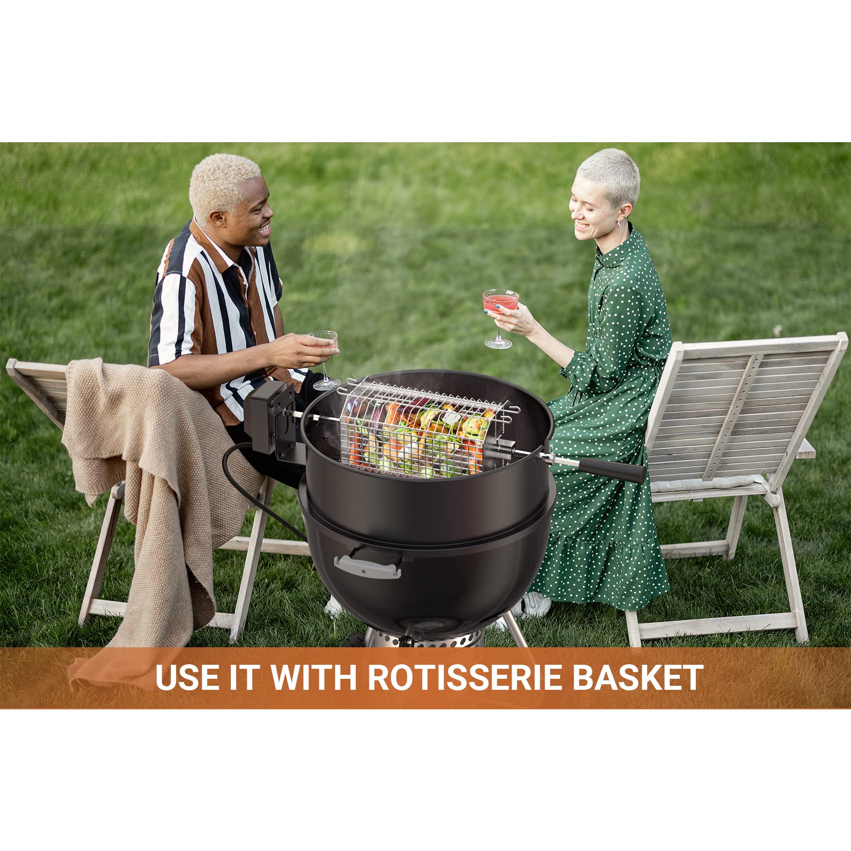 onlyfire rotisserie in backyard lifestyle scene showing even rotisserie cooking